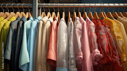 Closeup of clothes on rack in modern dry cleaner s