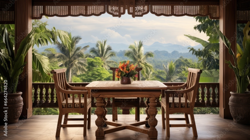 Balinese villa with wooden table chairs by window featuring nature view and potted tropical plant