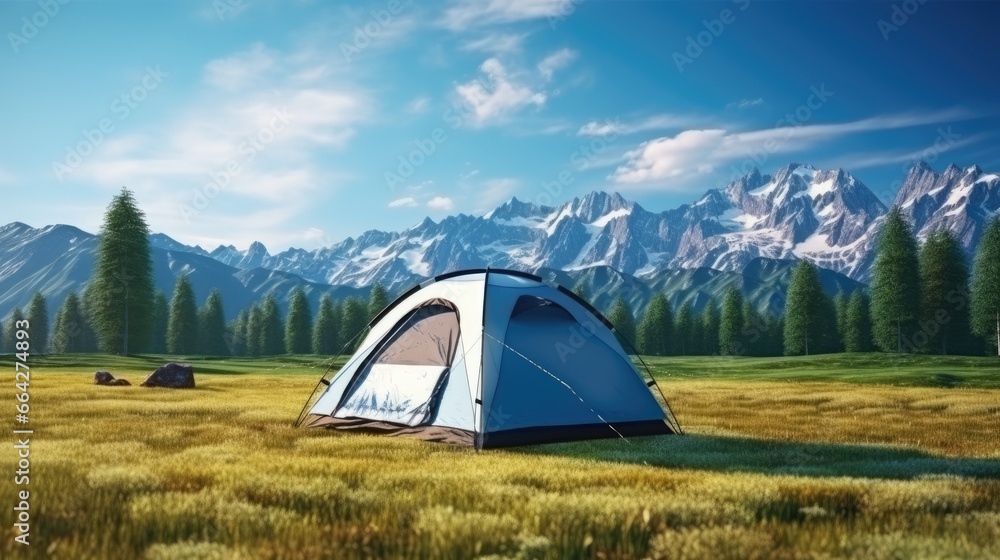 Camping in the wild with snowy peaks green grass trees and blue sky