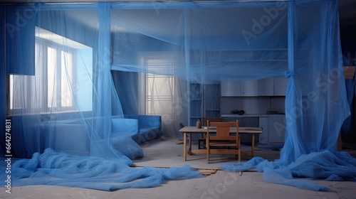 Apartment being built with blue netting