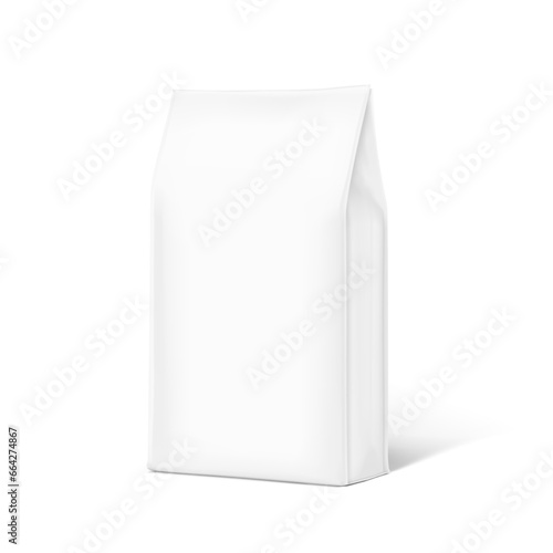 Vertical bag mockup. Flat bottom gusset bag. Half side view. High realistic. Vector illustration isolated on white background. Ready for use in presentation, promo, advertising and more. EPS10.