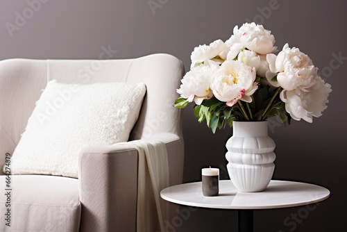 Vase of white peonies with coffee table and armchair near grey wall.
