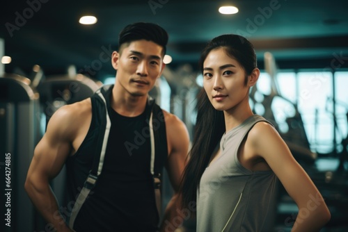 Fitness Models Posing in the Gym. Fictional characters created by Generated AI. © shelbys