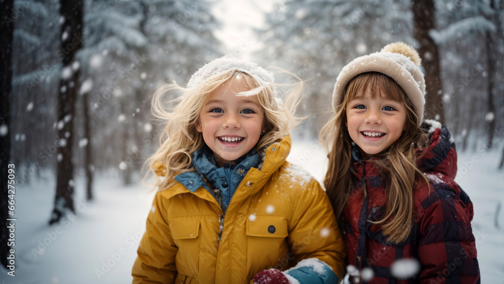 Fototapeta premium Geschwister im Schnee, gen ai