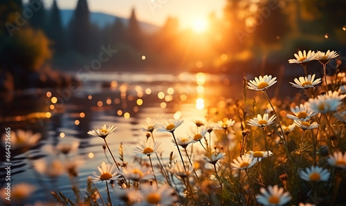 Idyllic daisy bloom during spring, summer, or autumn season with the golden rays of the sun in the evening or morning © Desyta