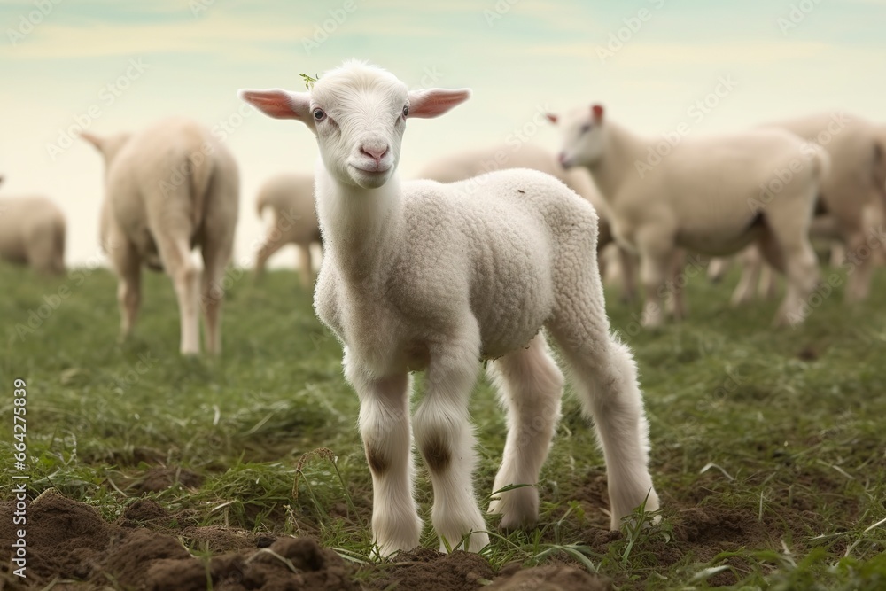 White lamb in a field in front of other animals. White lamb in a field in front of other animals.