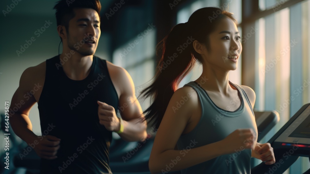 Fit Couple Running on a Treadmill in Gym. Fictional characters created by Generated AI.