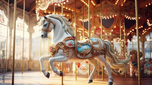 Amusement park ride featuring decorated horse