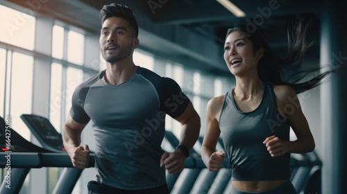 Fitness Center Couple - A Man and a Woman Running on Treadmills. Fictional characters created by Generated AI.