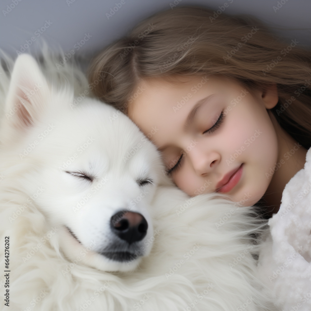 girl and dog have a sweet sleeping, smile on face,full of love girl and dog have a sweet sleeping, smile on face,full of love