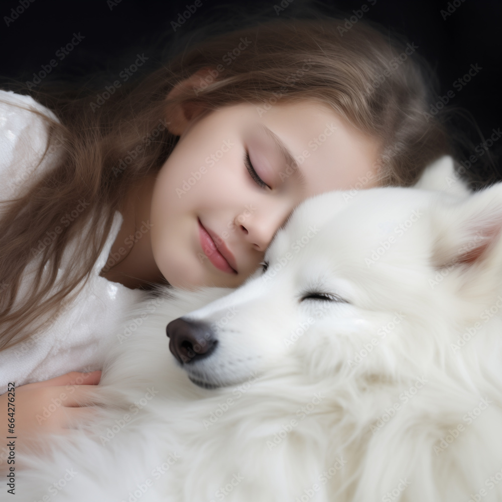 girl and dog have a sweet sleeping, smile on face,full of love girl and dog have a sweet sleeping, smile on face,full of love