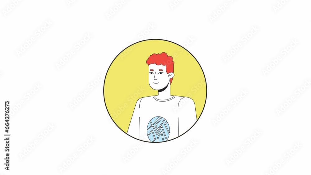 Curly caucasian young man waving happy line 2D avatar animation. Saying hello flat linear cartoon 4K video, alpha channel. Nonverbal. Greeting gesture animated portrait on white background Curly caucasian young man waving happy line 2D avatar animation. Saying hello flat linear cartoon 4K video, alpha channel. Nonverbal. Greeting gesture animated portrait on white background