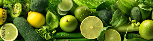 Banner layout of green fruits and vegetables. #664276437