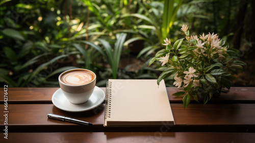 white blank notepad lies on the table, top view, cup of coffee, flowers, plants, space for text, layout, business, office, stationery, sheet of paper, school, work, background, empty page, green