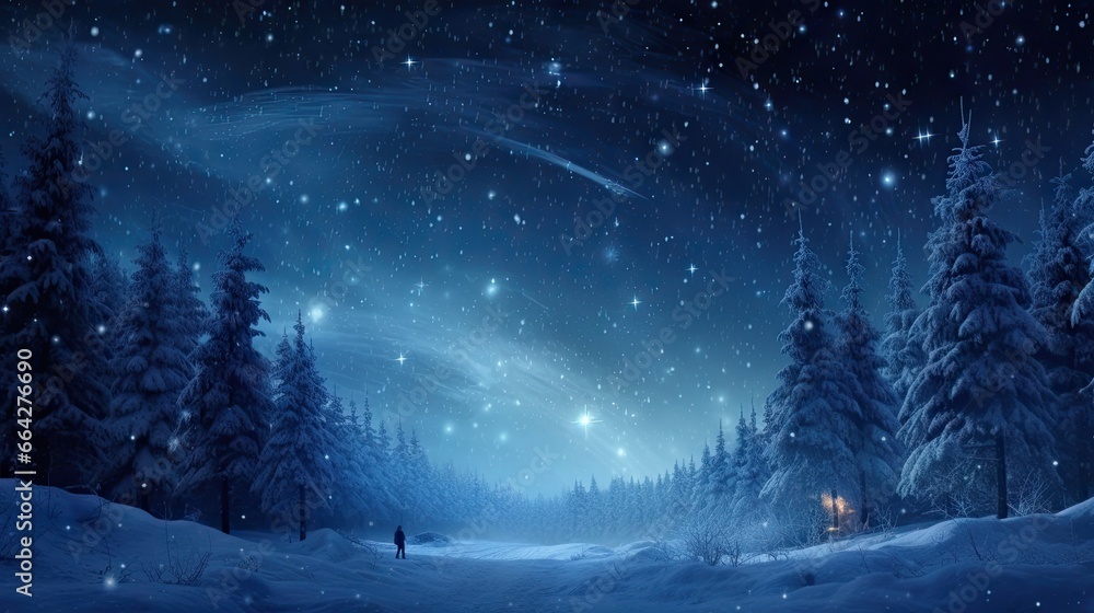 Christmas Eve winter forest snow starry sky comet