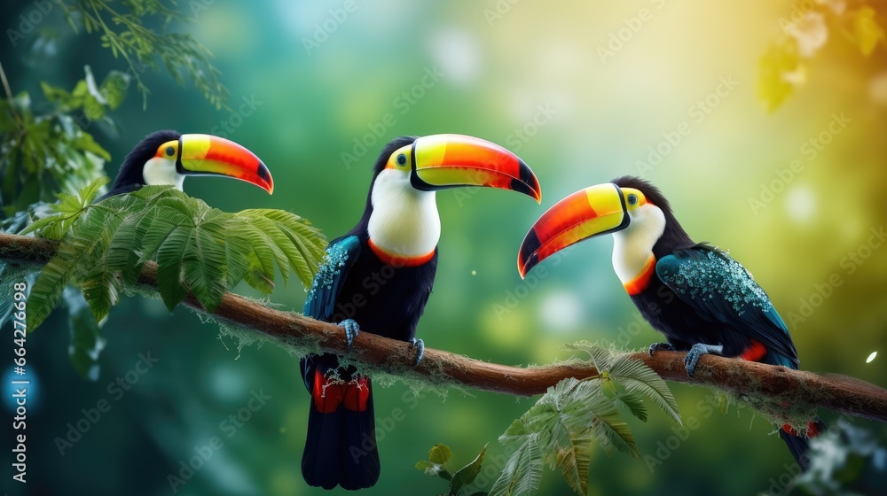 Naklejka premium Colorful toucans on rainforest branch with tropical plants and blurred background Copy space for text