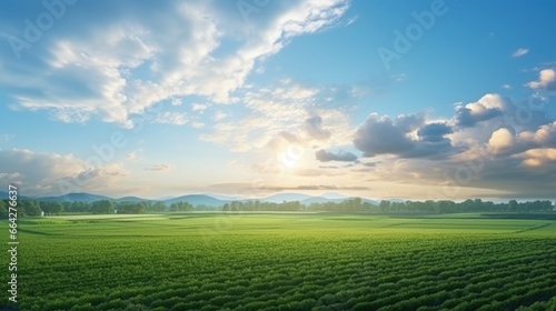 Agricultural fields in south Ukraine with greenery clouds and a sunset in the blue sky