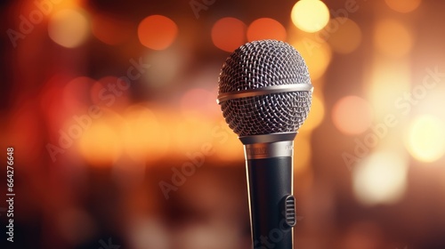 Blurred background with musician s microphone closeup