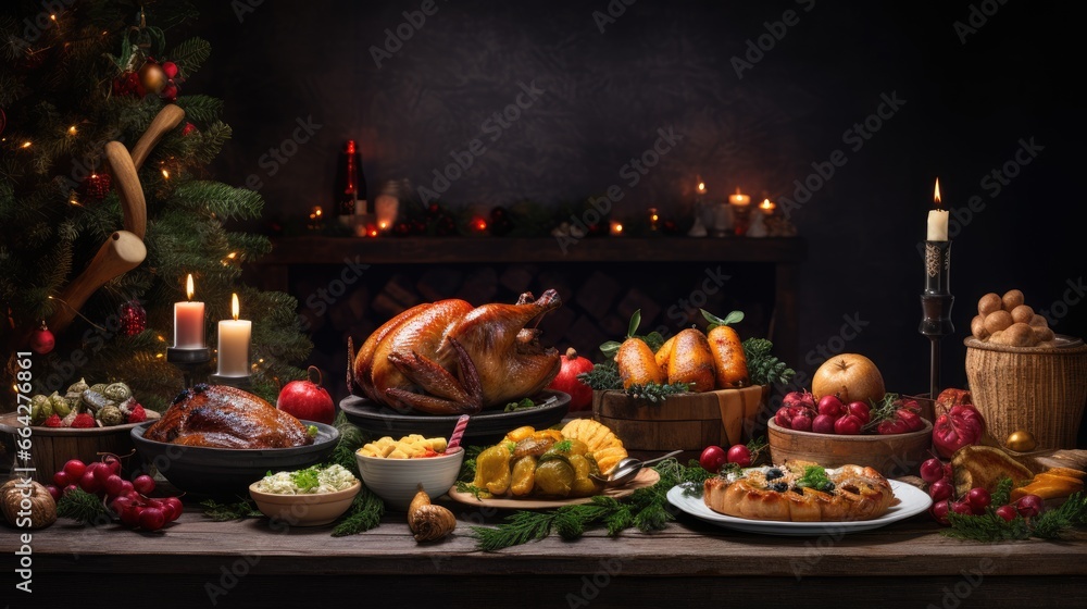 Christmas dinner dark background holiday food panorama