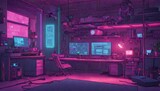 A cyberpunk hacker's den bedroom with neon-lit screens, holographic keyboards, and a high-tech workstation