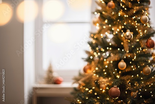 Defocused Christmas tree with many different decorations.