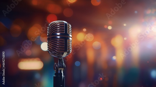 Blurred background with musician s microphone closeup photo