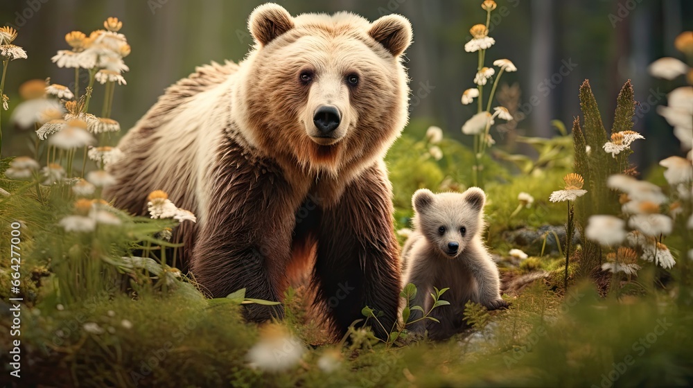 Obraz premium Brown bears known as she bear and cubs inhabit their natural habitat among white flowers in the summer forest on the bog