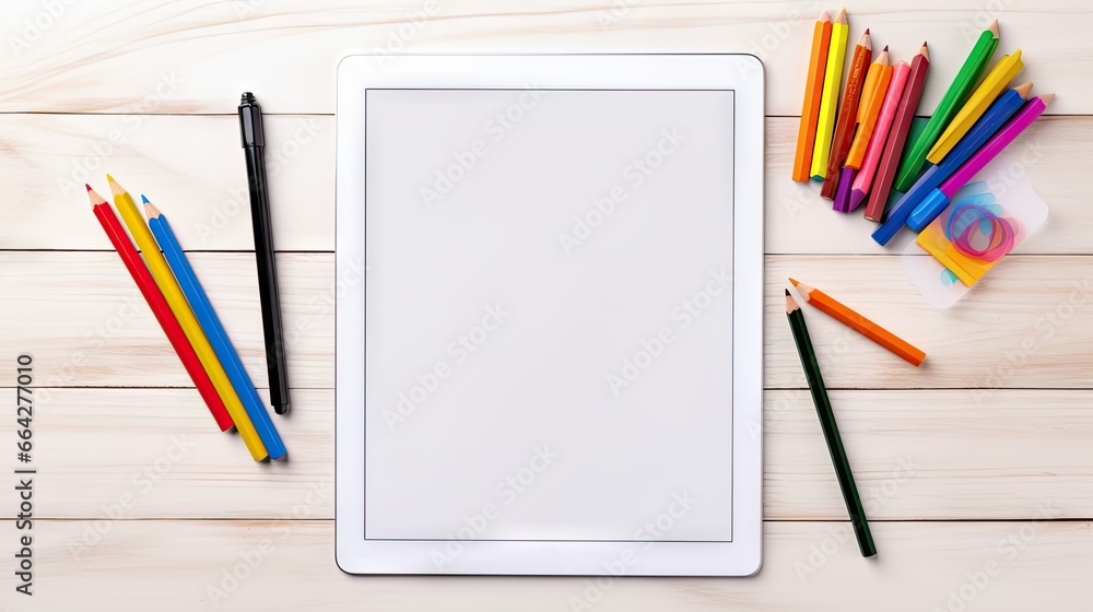 Blank screen tablet with office supplies on white wood background Educational app or online learning for kids Space to add content Blank screen tablet with office supplies on white wood background Educational app or online learning for kids Space to add content
