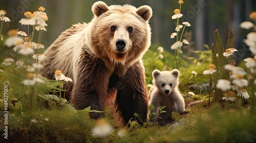 Brown bears known as she bear and cubs inhabit their natural habitat among white flowers in the summer forest on the bog