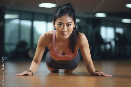 A woman doing a push-up. Fictional characters created by Generated AI. photo