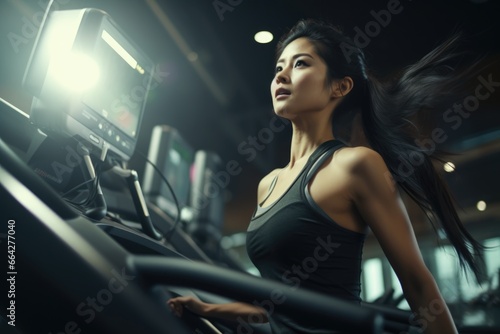 Female Fitness Enthusiast on Treadmill. Fictional characters created by Generated AI.