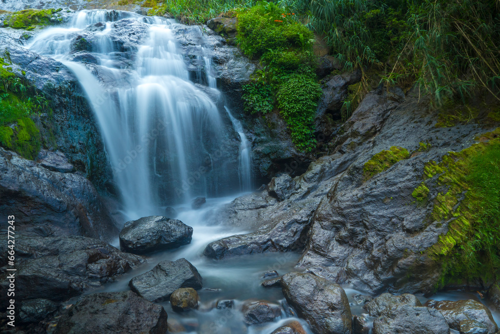 Fototapeta premium The photo of the Air Terjun Sikarim waterfall in Dieng, Indonesia.