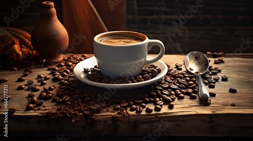 Coffee cup on wooden table with sugar spoon and coffee beans