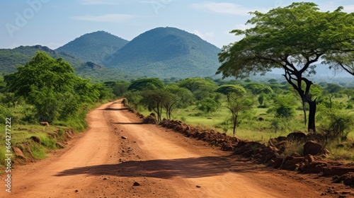 A scenic safari road through a lush jungle in Sariska National Park India with visible ruts green grass trees and mountains in the distance under a blue sky