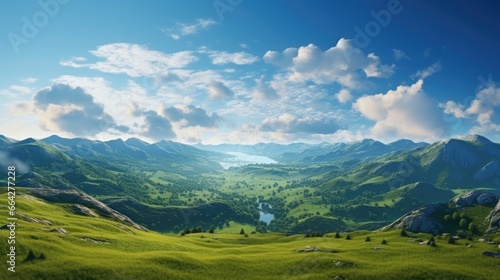 Beautiful mountainous landscape photo with blue sky and clouds photo