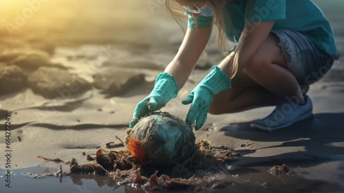 A volunteer cleaning dirty ...