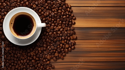 Coffee beans and cup on wooden background from above