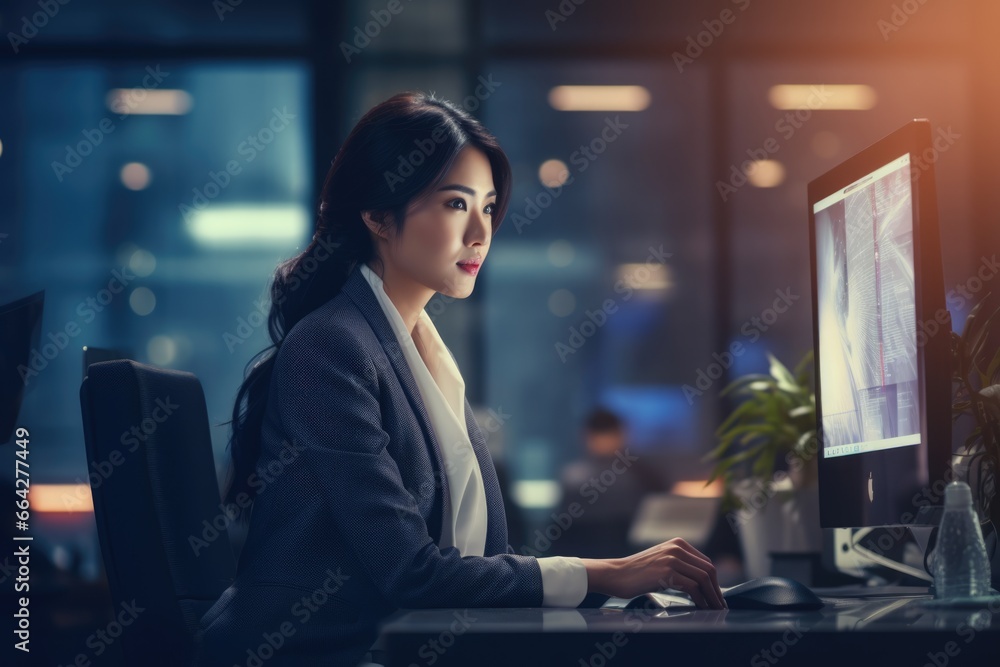 Businesswoman Working on Computer in Office. Fictional characters created by Generated AI. Businesswoman Working on Computer in Office. Fictional characters created by Generated AI.