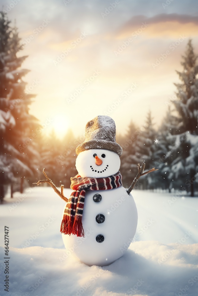 Obraz premium Snowman with scarf and hat in winter forest. Christmas background.