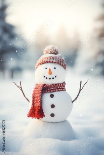 Snowman with scarf and hat in winter forest. Christmas background. © fledermausstudio