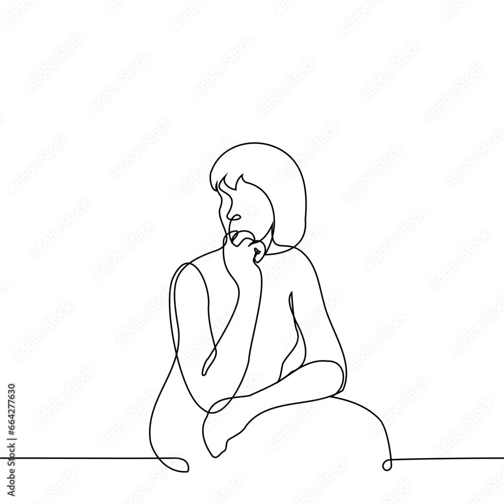 woman sits leaning over, propping her chin with hand and looking to the side - one line art vector. concept of sitting bent over, looking to the side woman sits leaning over, propping her chin with hand and looking to the side - one line art vector. concept of sitting bent over, looking to the side