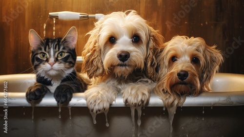 Adorable pets in the bathtub