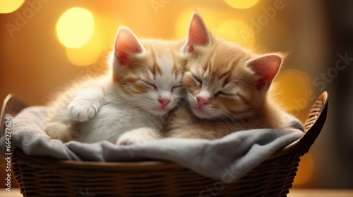 Adorable affectionate kittens cuddling together in a basket for Valentine s Day