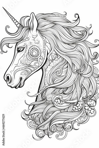 coloring page with mandala ornaments of a unicorn head in a line art hand drawn style © LightoLife