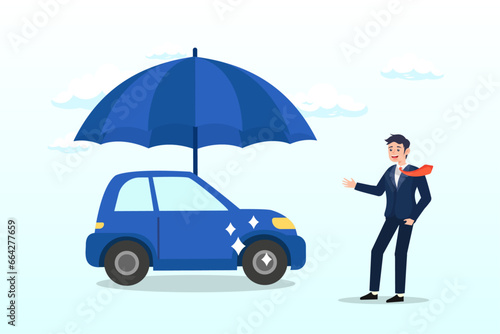 Businessman car owner or insurance agent stand with new car under strong umbrella protection shield, car insurance, accident protection for vehicle, safety or assurance service (Vector)