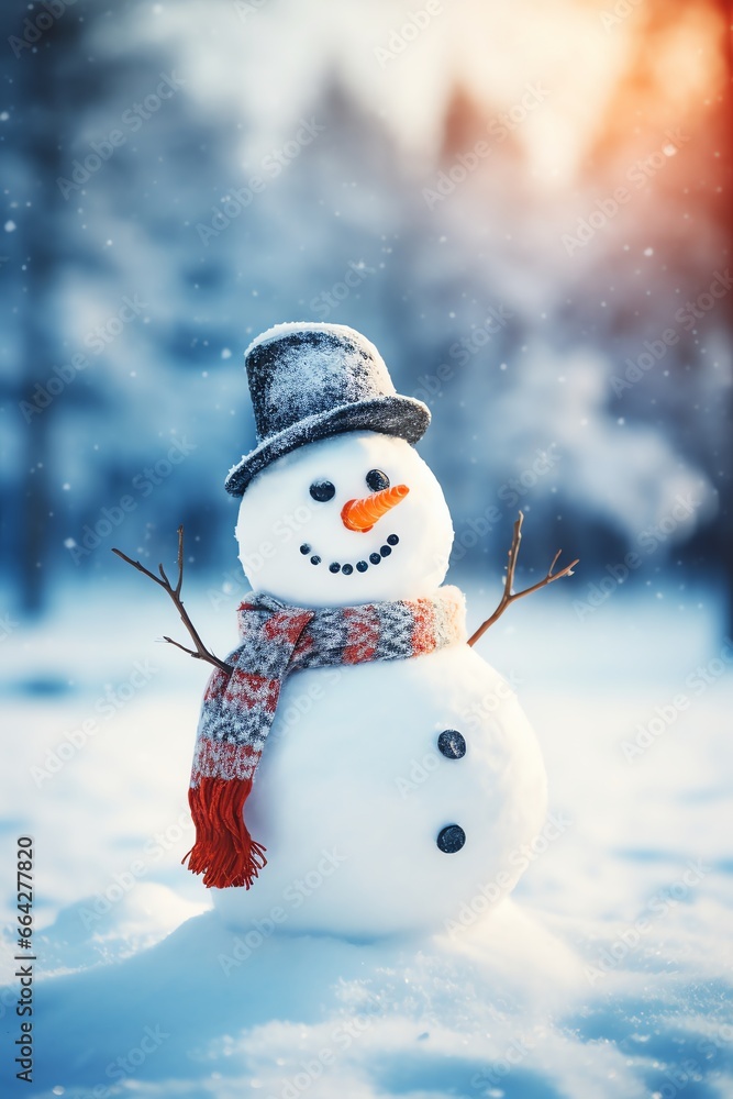 Obraz premium Snowman with scarf and hat in winter forest. Christmas background.