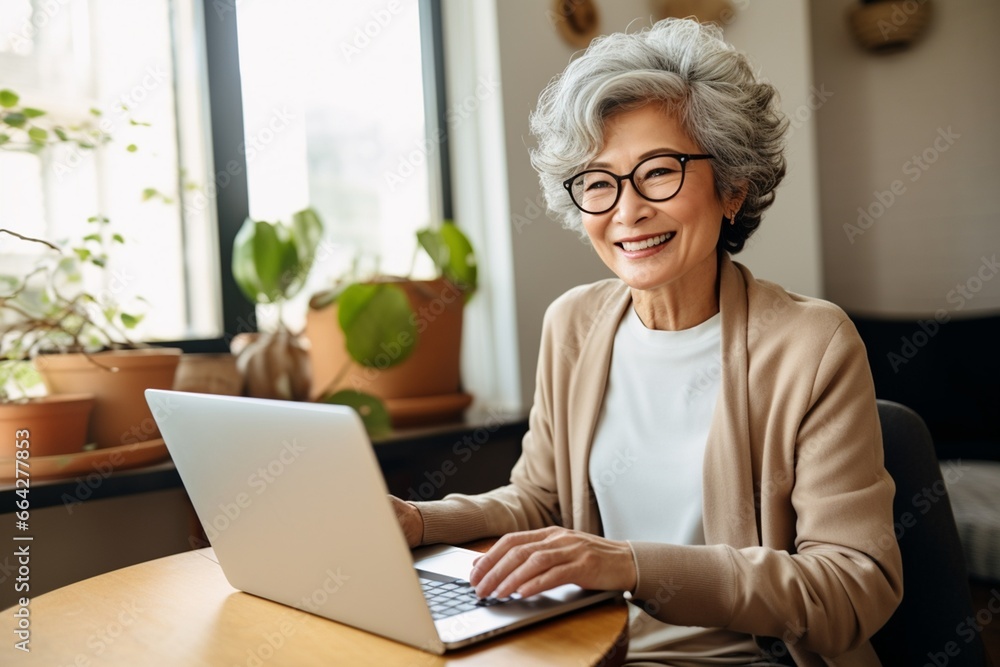 Happy woman working remote from home office using laptop to take notes Middle-aged business woman in her 60s smiling using a computer watching a webinar. Happy woman working remote from home office using laptop to take notes Middle-aged business woman in her 60s smiling using a computer watching a webinar.