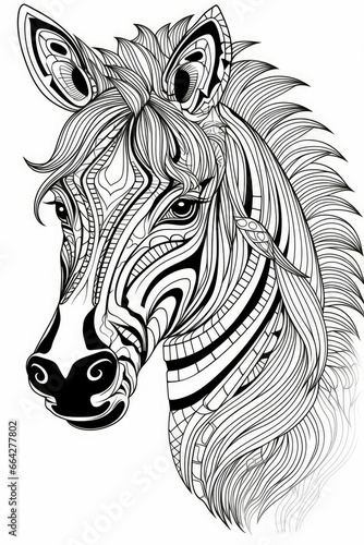 coloring page with mandala ornaments of a zebra head in a line art hand drawn style