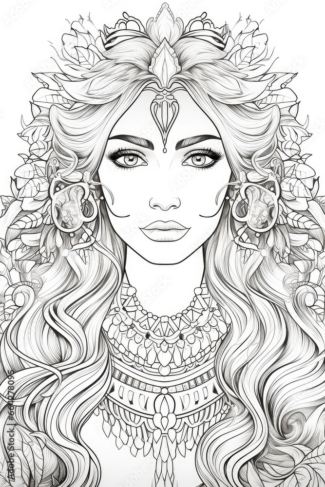 coloring page with of adult princess in a line art hand drawn style for kids and teens coloring page with of adult princess in a line art hand drawn style for kids and teens