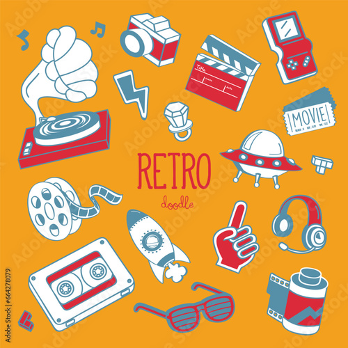 Doodle retro objects. Hand drawn vector illustration of retro items.